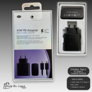 Pack chargeur 45W PD Adapter avec câble USB-C vers USB-C 5A haute performance.
