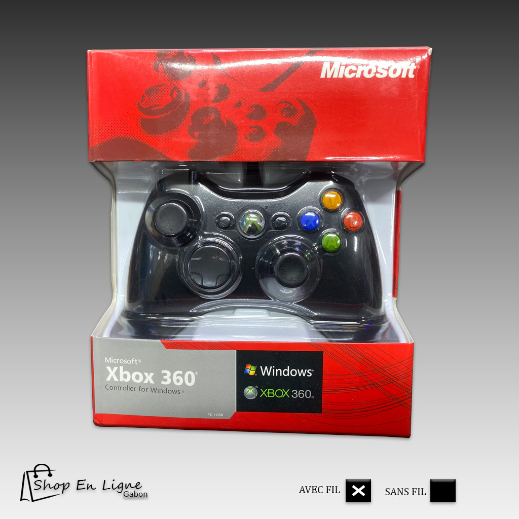 Manette Microsoft Xbox 360 noire filaire dans son emballage rouge d'origine, compatible Windows et Xbox 360.