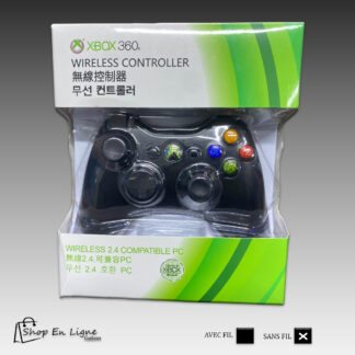 Manette Xbox 360 sans fil noire dans son emballage blanc et vert, technologie Wireless 2.4 compatible PC et Xbox 360