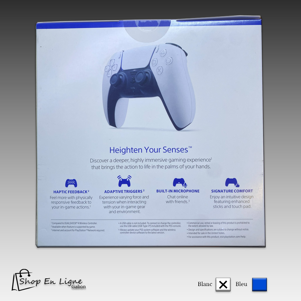 Boîte d'origine de la manette sans fil DualSense pour PlayStation 5 en blanc, affichant le logo Sony et PlayStation.