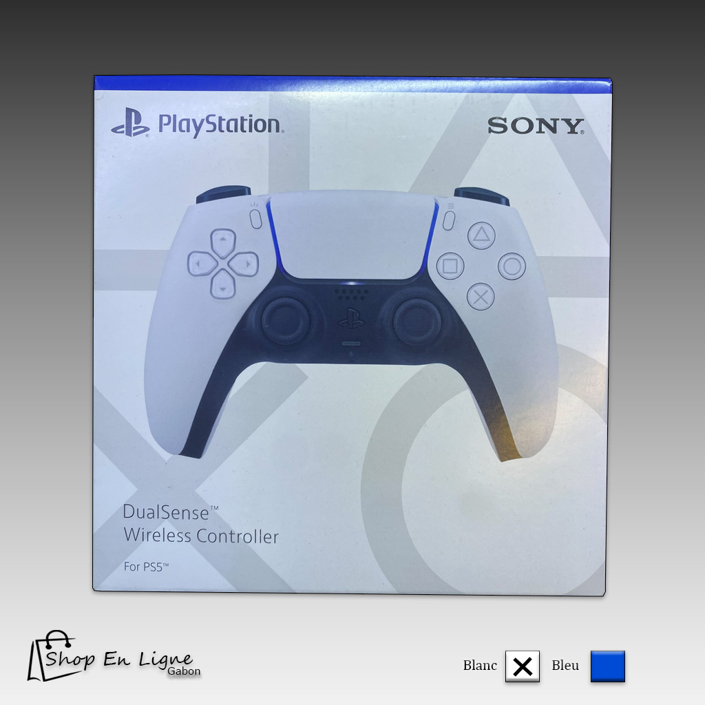 Boîte d'origine de la manette sans fil DualSense pour PlayStation 5 en blanc, affichant le logo Sony et PlayStation.