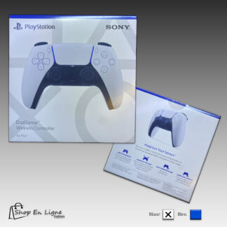 Boîte d'origine de la manette sans fil DualSense pour PlayStation 5 en blanc, affichant le logo Sony et PlayStation.