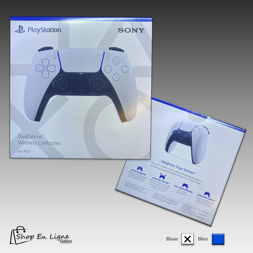 Boîte d'origine de la manette sans fil DualSense pour PlayStation 5 en blanc, affichant le logo Sony et PlayStation.