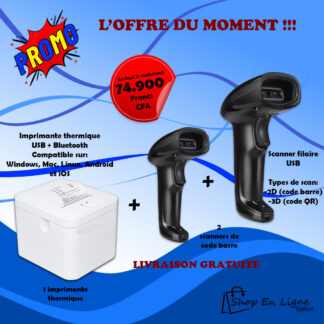 🖨️ Imprimante d’étiquettes + 2 Scanners de codes-barres / QR 1D 2D – Solution complète pour votre business (Copie)