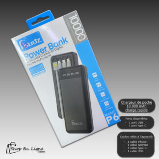 Batterie externe Sudz P6 noire de 10 000 mAh avec 4 câbles de charge intégrés et indicateur LED, compatible iPhone, Android et Type-C.