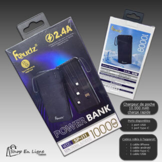Power Bank Sudz SP-i11 noire de 10 000 mAh montrant la charge rapide 2.4A et les 4 câbles intégrés pour iPhone et Android.