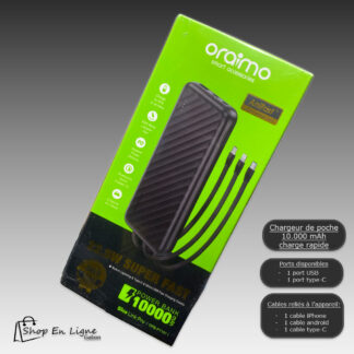 Power Bank Oraimo Slice Link Pro verte et noire de 10 000 mAh avec 3 câbles intégrés et technologie de charge ultra rapide 22.5W.