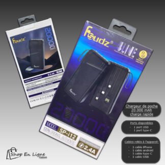 Power Bank Sudz SP-i12 de 20 000 mAh noire avec 4 câbles intégrés et technologie de charge rapide 2.4A,