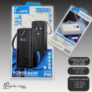 Batterie externe Power Bank FSUDZ P45 noire 30000 mAh avec câbles intégrés pour iPhone et Android.