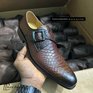Chaussure homme Monk Strap cuir effet croco marron avec boucle argentée - Shop En Ligne Gabon