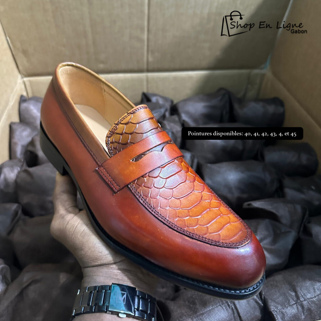 Mocassin homme Penny Loafer cuir cognac effet croco - Shop En Ligne Gabon