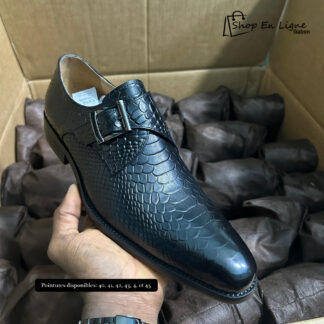 Chaussure homme Monk Strap cuir effet croco noir avec boucle argentée - Shop En Ligne Gabon
