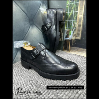Chaussure à boucle (Monk Strap) Noire Homme - Cuir Véritable - Semelle Épaisse