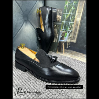 Mocassin loafer cuir + tissus noir