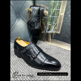 Chaussures homme double boucle en cuir noir élégantes avec finition brillante