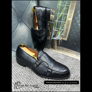 Mocassins homme cuir noir texturé double boucle monk strap semelle noire – Style élégant et moderne