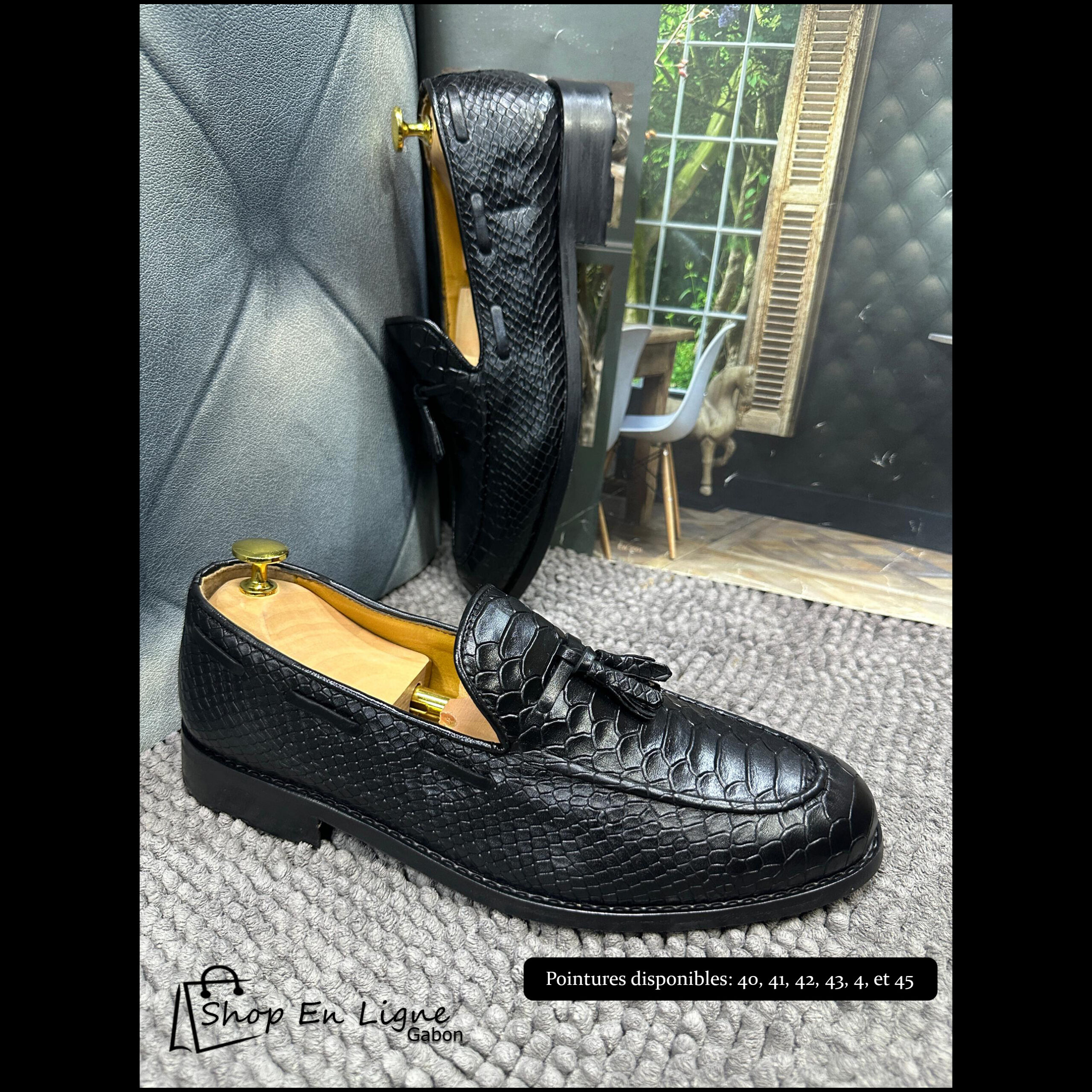 Mocassins homme noirs effet crocodile avec pampilles, chaussures élégantes sans lacets, semelle noire antidérapante, disponibles du 39 au 45
