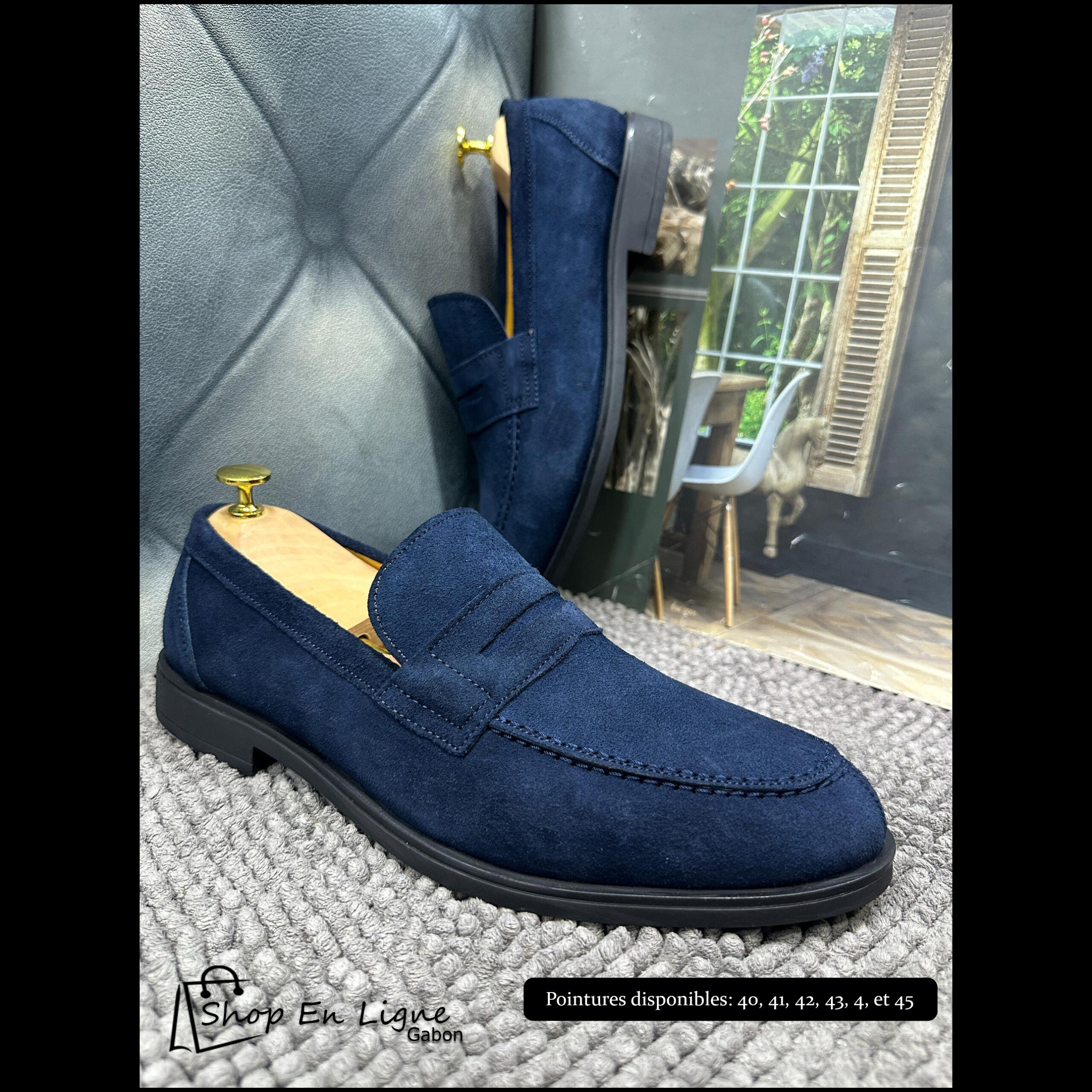 Mocassins homme bleu marine en daim, chaussures élégantes sans lacets, semelle noire antidérapante, disponibles du 39 au 45