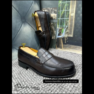 Mocassins homme en cuir marron foncé élégants posés sur tapis gris avec embauchoirs dorés – chaussures classiques sans lacets