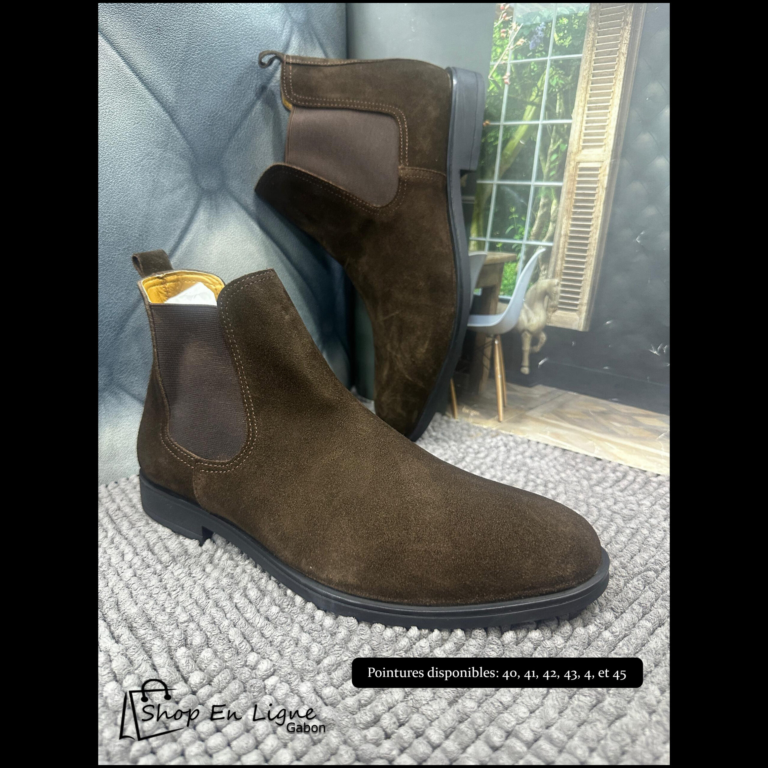 Bottines Chelsea pour homme en daim marron chocolat, disponibles chez Shop En Ligne Gabon, tailles 39 à 45.