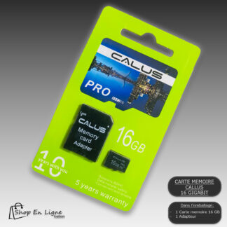 Carte mémoire Micro SD 16 Go CALUS PRO avec son adaptateur SD noir.