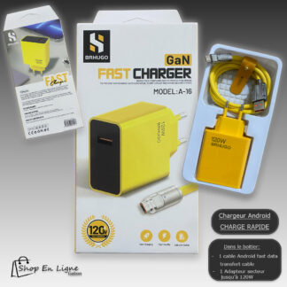 Chargeur rapide Android 120W BRHUGO A-16 avec câble et adaptateur secteur dans son emballage.