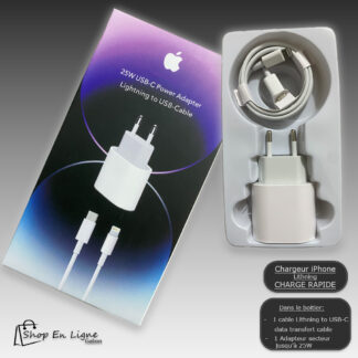 Chargeur rapide iPhone 25W avec adaptateur secteur USB-C et câble Lightning.