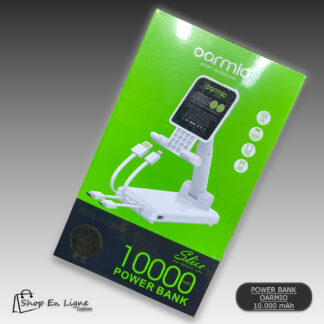 Batterie externe 10000 mAh avec support de téléphone ajustable et câbles de charge intégrés.