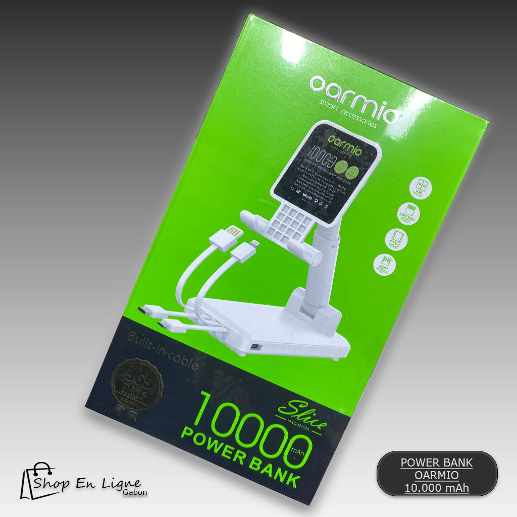 Batterie externe 10000 mAh avec support de téléphone ajustable et câbles de charge intégrés.